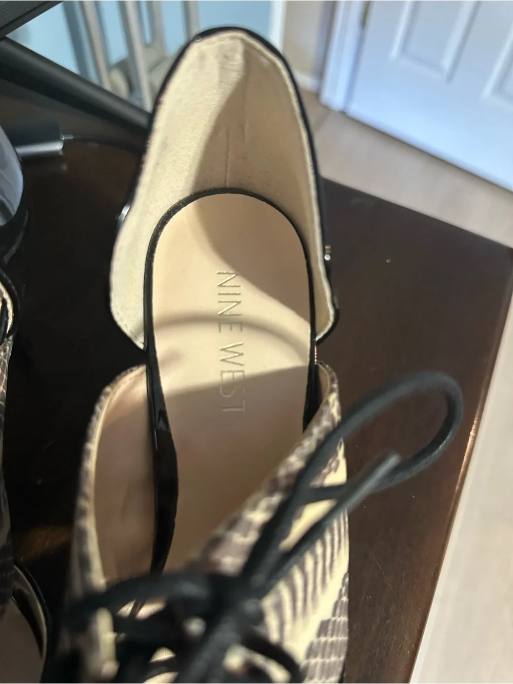 Nine West Black Patent Pointed-Toe Lace-Up Pumps with Snake-Print Panel Accent